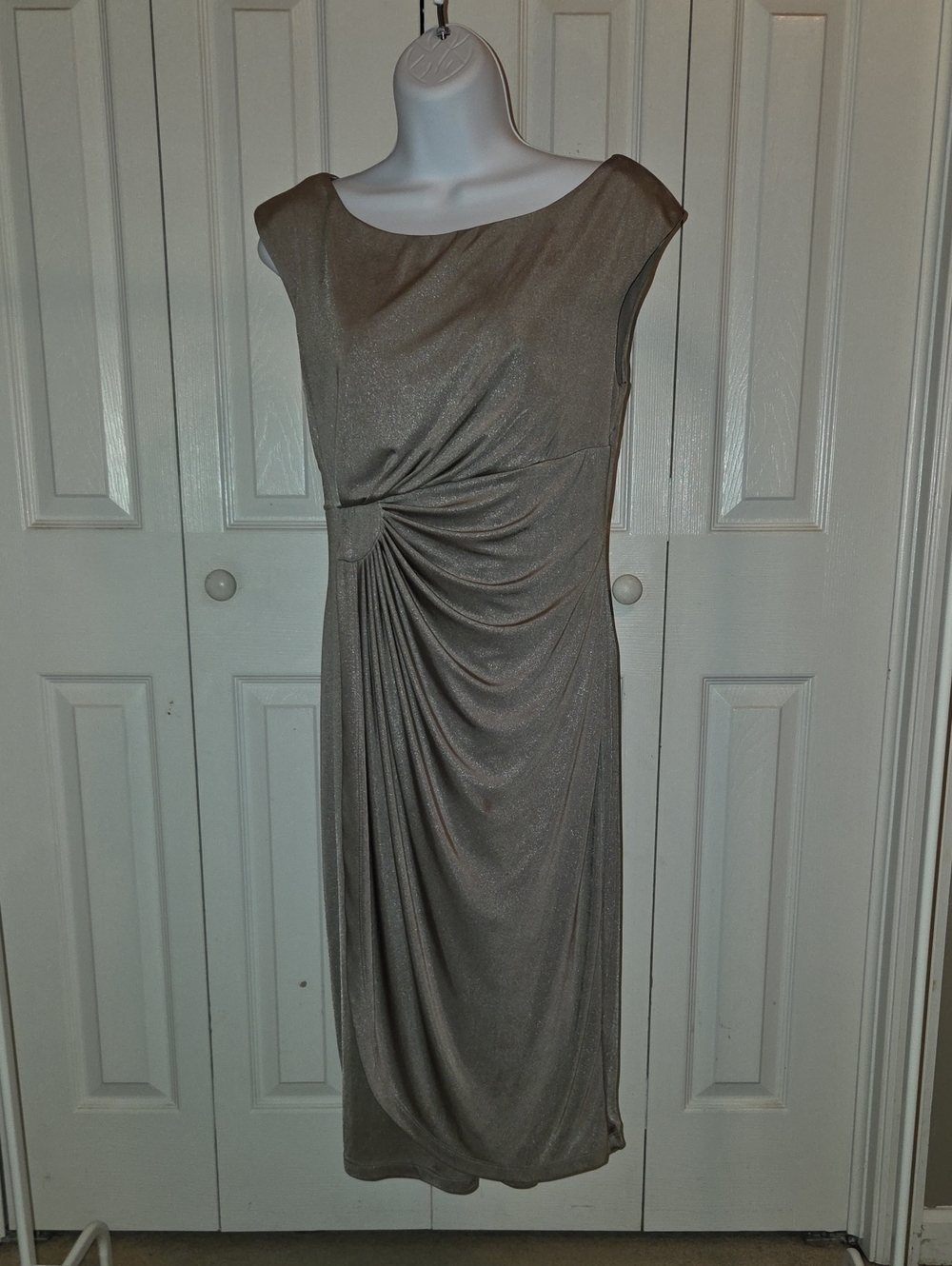 connected apparel Shimmery Taupe Knot-Detail Midi Dress
